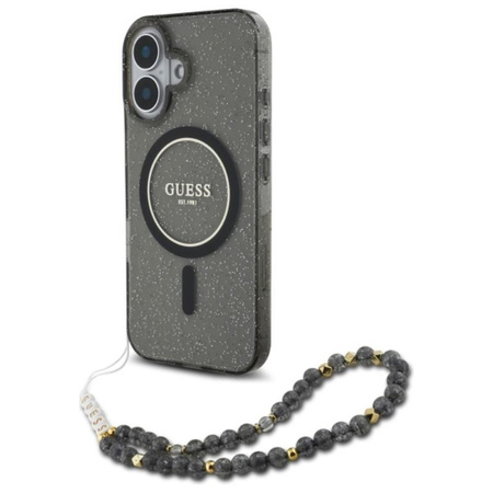 Guess IML Glitter gyöngyház szíjjal MagSafe - iPhone 16 tok (fekete)