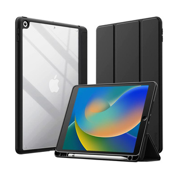 Crong PrimeFolio - iPad 10,2" (2021-2019) tok állvánnyal és Apple Pencil tárolóval (fekete/átlátszó)