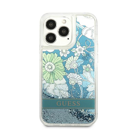 Guess Liquid Glitter Flower - Coque iPhone 13 Pro Max (bleu/vert)