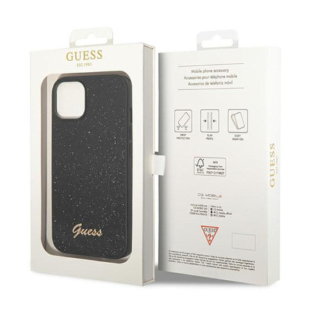 Guess Glitter Flakes Metal Logo Case - pouzdro pro iPhone 14 Plus (černé)
