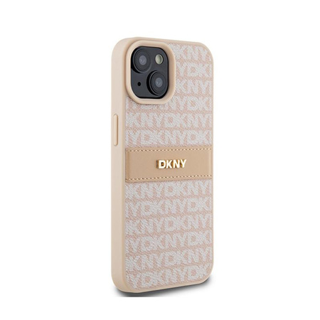 DKNY bőr egyszínű csíkos és fém logóval - iPhone 15 Plus / 14 Plus tok (rózsaszín)