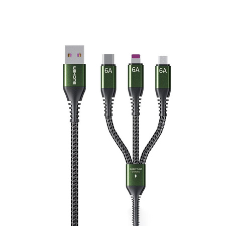 WEKOME WDC-170 Raython sorozat - 3 az 1-ben USB-A USB-C + Lightning + Micro USB gyors töltő PD csatlakozó kábel 1,2 m (fekete)