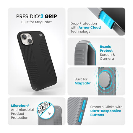 Speck Presidio2 Grip Magsafe - pouzdro pro iPhone 15 Plus / iPhone 14 Plus (černé / břidlicově šedé / bílé)