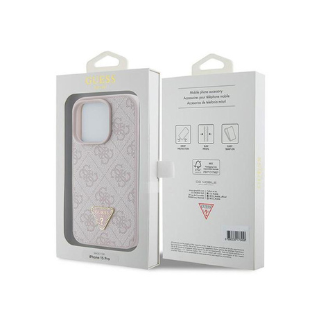 Kožené pouzdro Guess 4G Triangle Strass - iPhone 15 Pro (růžové)