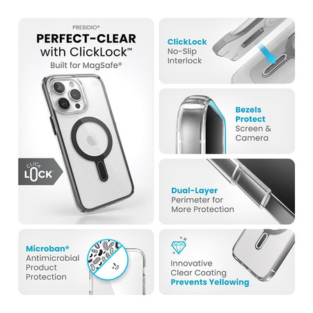 Speck Presidio Perfect-Clear ClickLock & Magsafe - Coque pour iPhone 15 Pro Max (transparent / noir givré / gris ardoise)