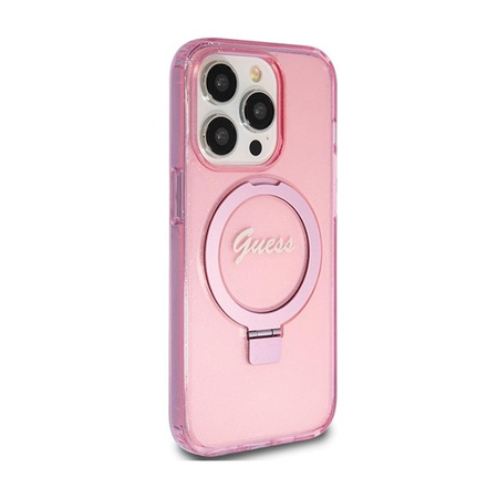 Guess Ring Stand Script Glitter MagSafe - iPhone 15 Pro Max Tasche (rosa)