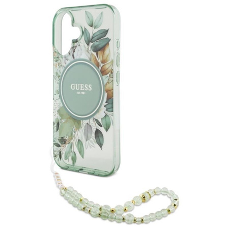 Guess IML Flowers With Pearl Strap MagSafe - iPhone 16 Plus Case (green)