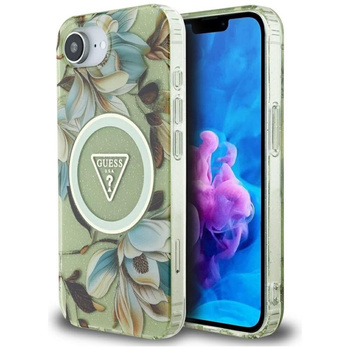 Guess IML Metal Glitter Flowers Triangle MagSafe - pouzdro pro iPhone 16e (zelené)