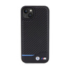 BMW Leather Carbon Blue Line - pouzdro pro iPhone 15 Plus (černé)