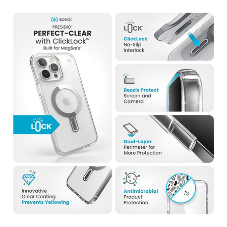Speck Presidio Perfect-Clear ClickLock & MagSafe - pouzdro pro iPhone 16 Pro Max (čiré / chromové provedení / stříbrná barva)