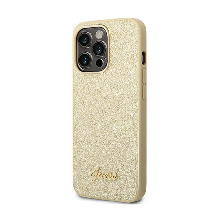 Guess Glitter Flakes Metal Logo Case - Hülle für iPhone 14 Pro Max (Gold)