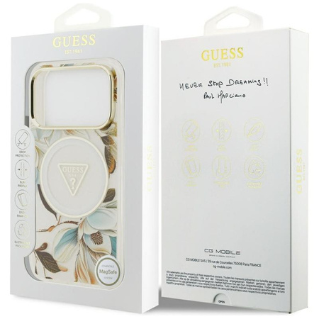 Guess IML Glitter Flowers Triangle MagSafe - Pouzdro iPhone 17 Pro Max (bílý)