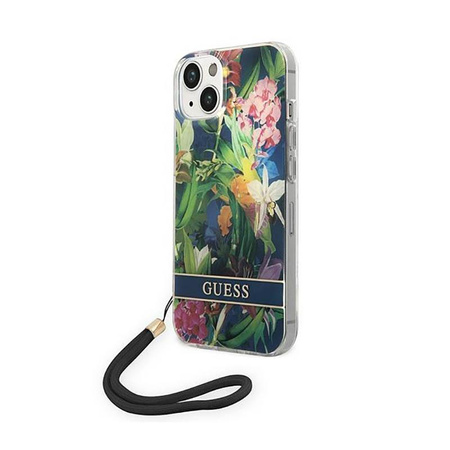 Guess Flower Cord - Case with lanyard iPhone 14 Plus (blue)