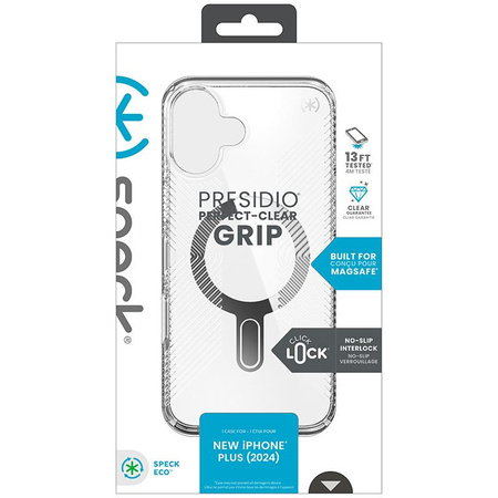 Speck Presidio Perfect-Clear Grip ClickLock & MagSafe - Coque pour iPhone 16 Plus (Transparente / Finition Chrome / Argent Serein)