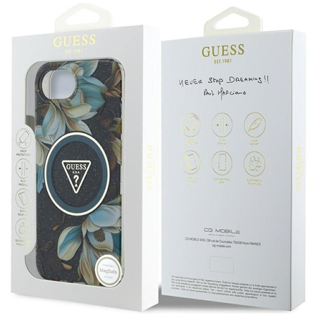Guess IML Metal Glitter Flowers Triangle MagSafe - pouzdro pro iPhone 16e (černé)