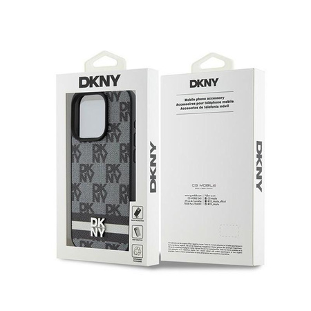 Kožené pouzdro DKNY s kostkovaným jednobarevným vzorem a tištěnými pruhy - iPhone 15 Pro (černé)