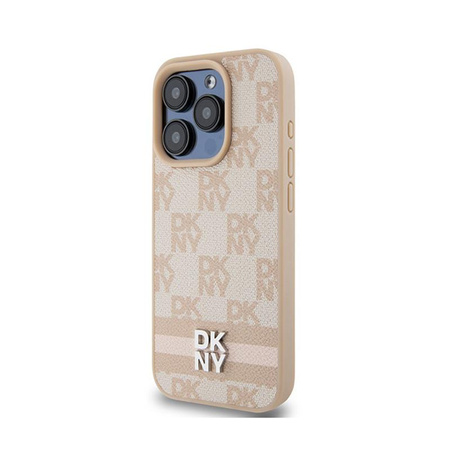 DKNY Leather Checkered Mono Pattern & Printed Stripes - Coque pour iPhone 15 Pro Max (rose)