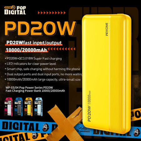 WEKOME WP-04 Pop Digital Series - Powerbank 20000 mAh Schnelles Aufladen USB-C PD 20W + USB-A QC3.0 18W (Schwarz)
