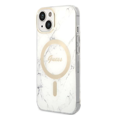 Guess Bundle Pack MagSafe IML Marble - MagSafe iPhone 14 Plus Tasche + Ladegerät Set (weiß/gold)