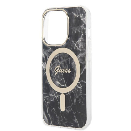 Guess Bundle Pack MagSafe IML Marble - MagSafe iPhone 14 Pro Case + Charger Set (black/gold)