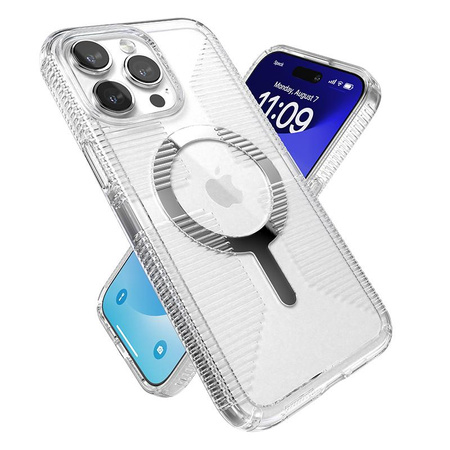 Speck Gemshell Grip + MagSafe - Coque pour iPhone 15 Pro Max (Transparent / Finition Chrome)