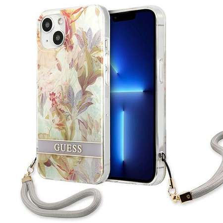 Guess Flower Cord - Tasche mit Umhängeband iPhone 13 mini (Lila)