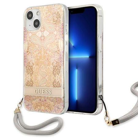 Guess Flower Cord - Case with lanyard iPhone 13 mini (Gold)