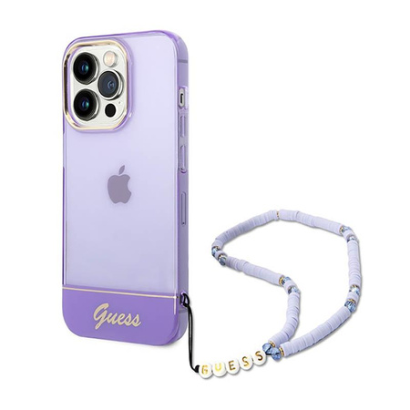 Průsvitný perleťový řemínek Guess - pouzdro pro iPhone 14 Pro Max (fialové)