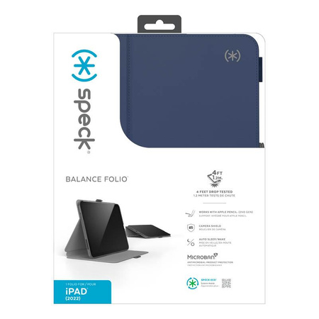 Speck Balance Folio - pouzdro pro iPad 11" (2025) / 10,9" (2022) s povrchovou úpravou MICROBAN, magnetem a stojánkem (Arcadia Navy/Moody Grey)