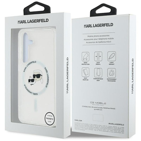 Karl Lagerfeld Button Karl & Choupette Heads s potiskem loga MagSafe - pouzdro pro Samsung Galaxy S25+ (bílé)