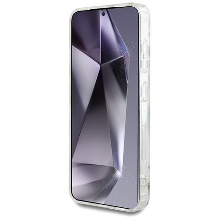 Guess Glitter Flowers Triangle Buttons MagSafe - étui pour Samsung Galaxy S25 (blanc)