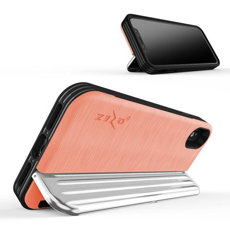 Zizo Retro Series - Coque pour iPhone Xs / X avec pochette pour cartes + support + écran en verre 9H (Pêche/Argent)