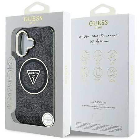 Guess IML Metal Glitter 4G Circle Triangle MagSafe - pouzdro pro iPhone 16 (černé)