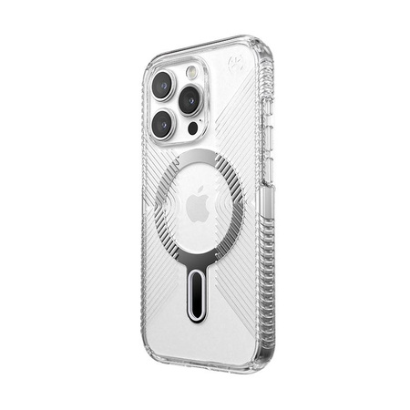 Speck Presidio Perfect-Clear Grip ClickLock & MagSafe - Coque pour iPhone 15 Pro (Transparent / Finition Chrome / Argent Serein)