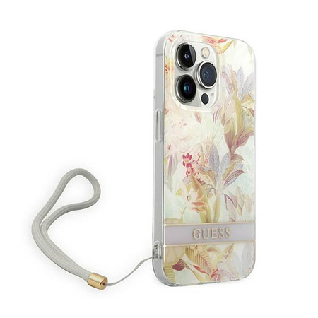Guess Flower Cord - Etui avec dragonne iPhone 14 Pro (violet)