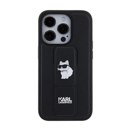 Karl Lagerfeld Gripstand Saffiano Choupette Pins - pouzdro na iPhone 15 Pro (černé)