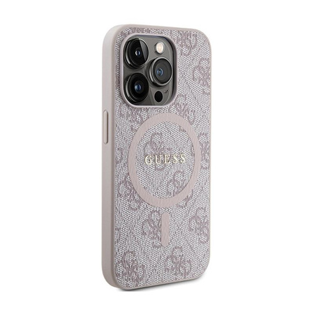 Guess 4G Collection Cuir Logo Métal MagSafe - Étui pour iPhone 14 Pro Max (rose)