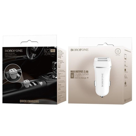 Borofone - Chargeur de voiture USB 2x, blanc