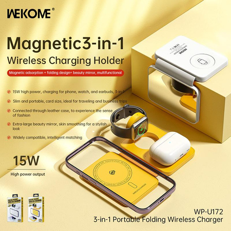 WEKOME WP-U172 - Chargeur sans fil 3-en-1 avec MagSafe pour iPhone, Apple Watch et AirPods + miroir (Jaune)