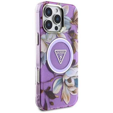 Guess Glitter Flowers Triangle Buttons MagSafe - Hülle für iPhone 16 Pro Max (violett)