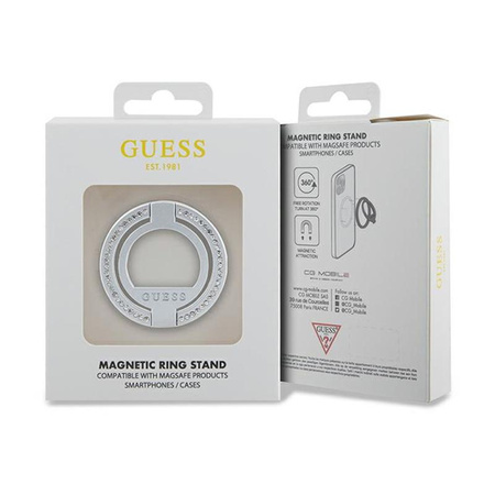 Guess MagSafe Ring Stand Rhinestone - magnetický držák na prst pro telefon s funkcí stojánku (stříbrný)