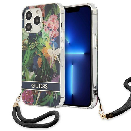 Guess Flower Cord - Tasche mit Schlüsselband iPhone 13 Pro (Blau)