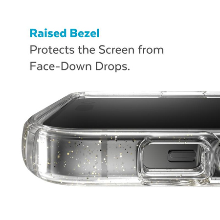 Speck Presidio Perfect-Clear avec paillettes + MagSafe - Coque pour iPhone 14 Pro avec revêtement MICROBAN (transparent / paillettes d'or)