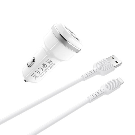 Ładowarka Samochodowa 2x USB Borofone 2.4 A + Kabel Lightning 1m Biała