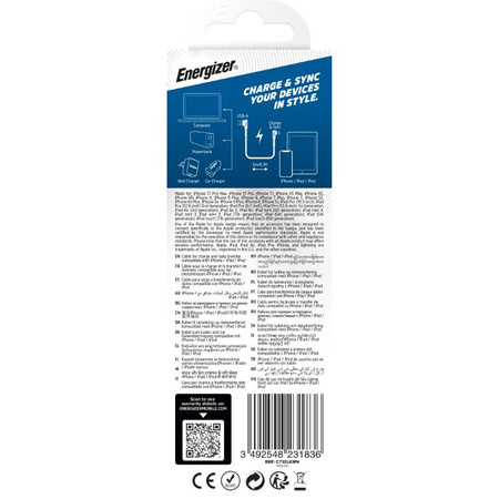 Energizer Ultimate - Kabel gamingowy USB-A do Lightning 90° certyfikat MFi 2m (Biały)