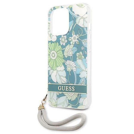 Guess Flower Cord - Etui avec dragonne iPhone 13 Pro Max (Vert)