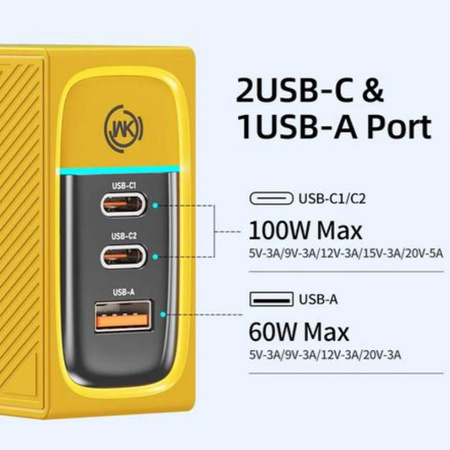 WEKOME WP-U155 Tint Series - 2x USB-C & USB-A Super Fast Charger GaN 100W Power Charger (Yellow)