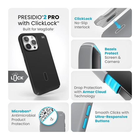 Speck Presidio2 Pro ClickLock & MagSafe - pouzdro pro iPhone 15 Pro Max (černé / břidlicově šedé / bílé)