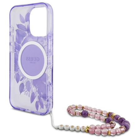 Guess IML Flowers With Pearl Strap MagSafe - pouzdro pro iPhone 16 Pro Max (fialové)