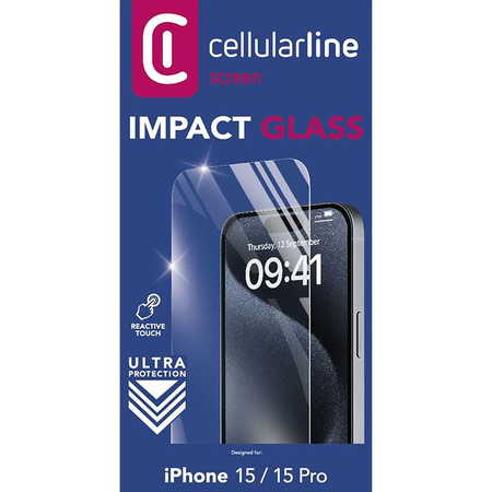 Cellularline Impact Glass - Verre de protection renforcé pour iPhone 15 / iPhone 15 Pro